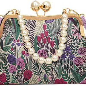 Vintage Embroidered Flower Handbag Canvas Capacity Crossbody Purse Bridal